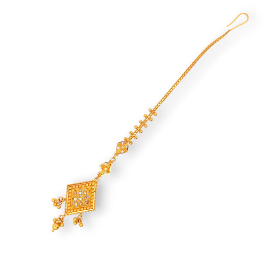 	22kt Gold Tikka with Diamond-Shaped Pave Stone Pendant and Dangling Beads – Modern and Sparkling Bridal Jewelry – Regal Jewels RJLT3036