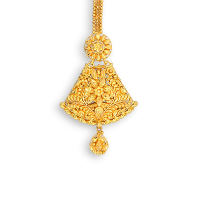 22kt Gold Tikka with Bell-Shaped Floral Filigree Pendant and Curved Chain – Elegant and Ornate Bridal Jewelry – Regal Jewels RJLT3037A