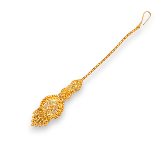 22kt Gold Tikka with Large Teardrop Kundan Pendant and Tassel Drops – Ornate and Sparkling Bridal Jewelry – Regal Jewels RJLT3038