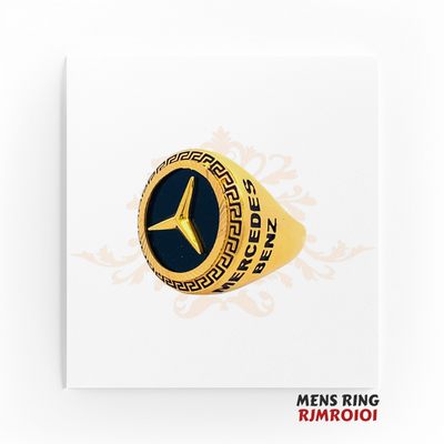 22kt Gold Mercedes-Inspired Ring RJMRO101 – A 13.20-gram men's ring featuring a luxury three-point star emblem on black enamel with a Greek key border. Available at Regal Jewels.