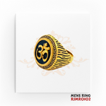 22kt Gold Om Symbol Ring RJMRO102 – A 9.40-gram men's ring featuring a gold Om emblem on black enamel with a Greek key design. Available at Regal Jewels.