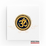 22kt Gold Om Symbol Ring RJMRO102 – A 9.40-gram men's ring featuring a gold Om emblem on black enamel with a Greek key design. Available at Regal Jewels.