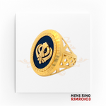 22kt Gold Sikh Khanda Ring RJMRO103 – A bold 11.0-gram men's ring with a gold Khanda emblem on black enamel, symbolizing strength and faith. Available at Regal Jewels.