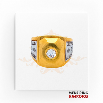 22kt Cartier-Inspired Gold & Diamond Men's Ring RJMR0105 – A 13.0-gram, size 8.5 men's ring featuring a solitaire diamond and rhodium screw-motif detailing. Available at Regal Jewels.