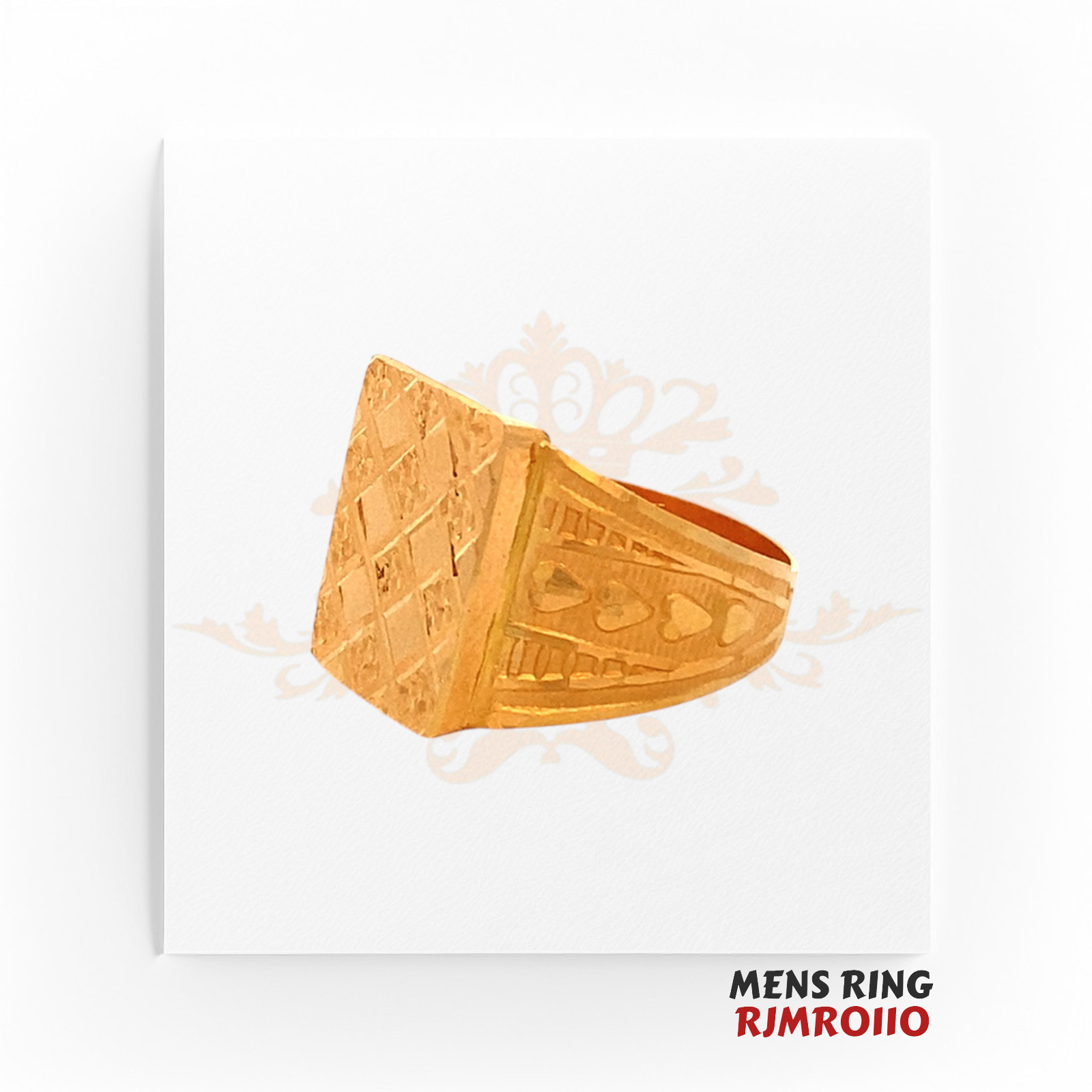 22kt gold men’s ring, model RJMR0110, featuring a bold square top with intricate crisscross engraving and a polished finish, weighing 36.60 grams, available at Regal Jewels.