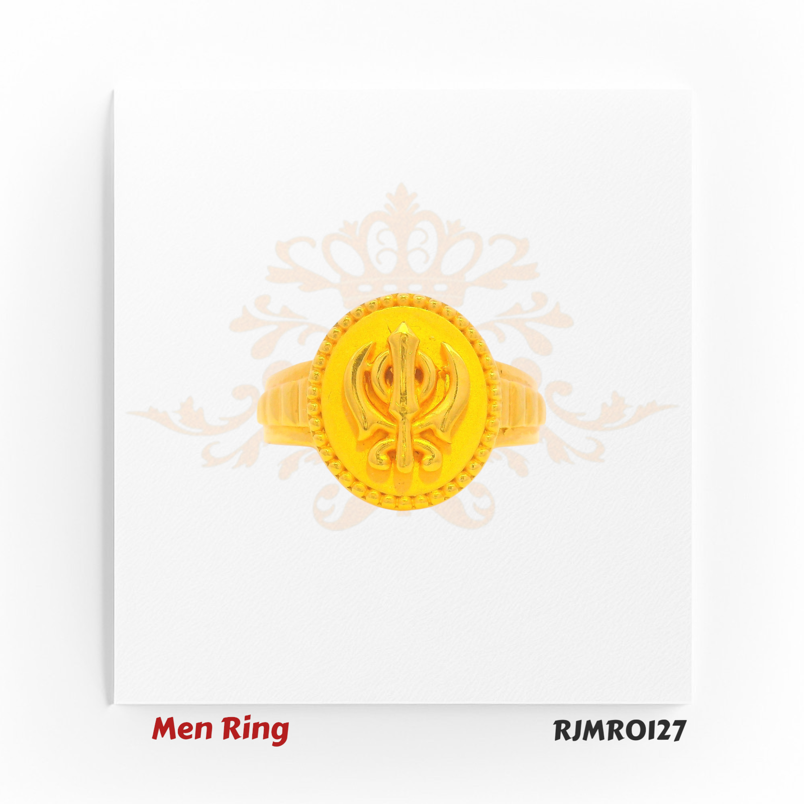 Men’s pure gold ring featuring a raised Ek Onkar Sikh Khanda emblem on a circular base, framed by fine beaded edging for a traditional and meaningful design. Model RJMR0127