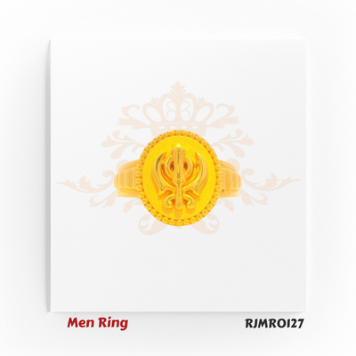 Men’s pure gold ring featuring a raised Ek Onkar Sikh Khanda emblem on a circular base, framed by fine beaded edging for a traditional and meaningful design. Model RJMR0127