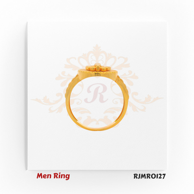 Pure gold men’s ring with a raised Ek Onkar Sikh Khanda symbol, set on a circular base with beaded edge detailing. RJMR0127
