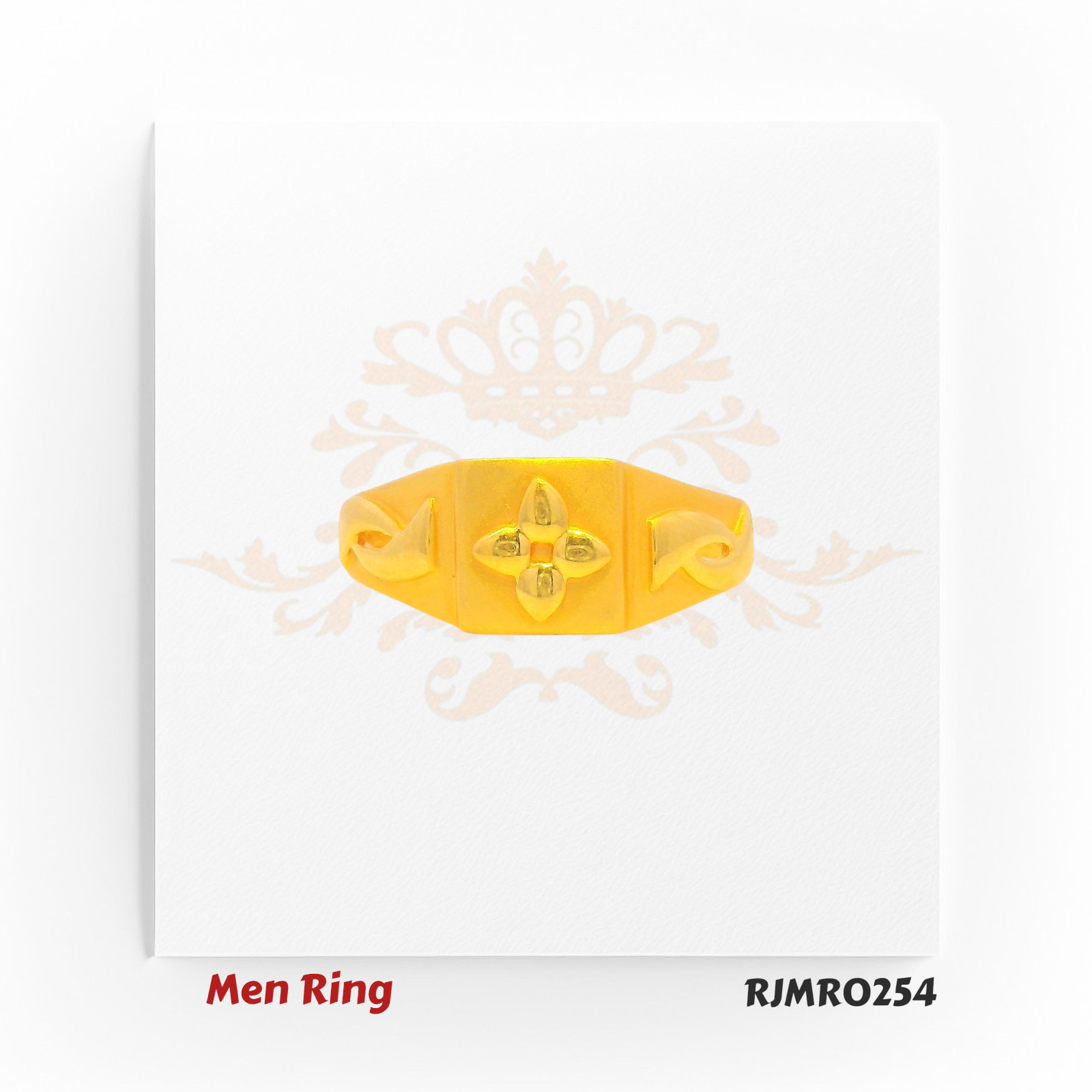 Men’s gold ring with a sleek square top, adorned with a refined four-leaf clover design and polished clean edges for a minimalist appeal. Model RJMR0254.