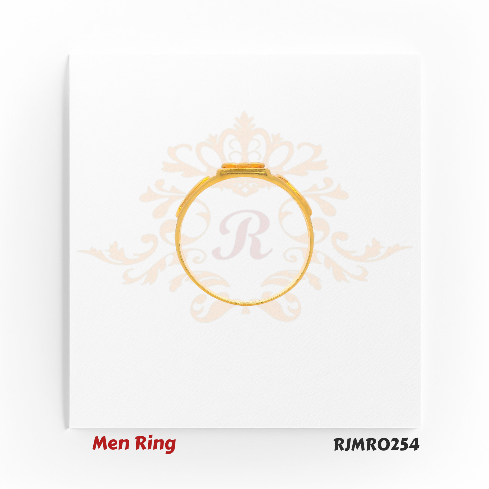 Minimalist men’s gold ring with a square top featuring a subtle four-leaf clover motif and smooth, clean lines. RJMR0254