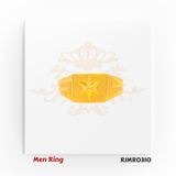 Men’s gold ring featuring a flat rectangular face with a raised star emblem and sharp chevron engravings for a bold, stylish appeal. Model RJMR0310.