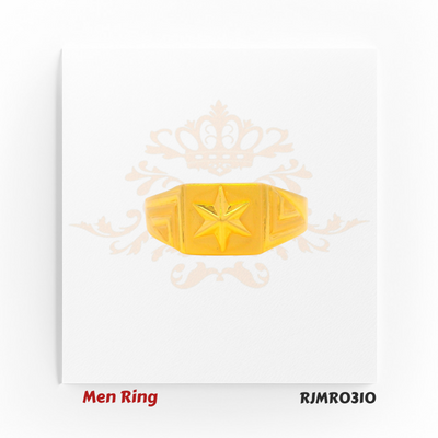 Men’s gold ring featuring a flat rectangular face with a raised star emblem and sharp chevron engravings for a bold, stylish appeal. Model RJMR0310.