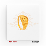 This striking gold men’s ring features a circular face engraved with the sacred Khanda emblem, accented by dynamic, fan-like ridges cascading along the band — blending tradition with contemporary craftsmanship. Style Code: RJMR0311.