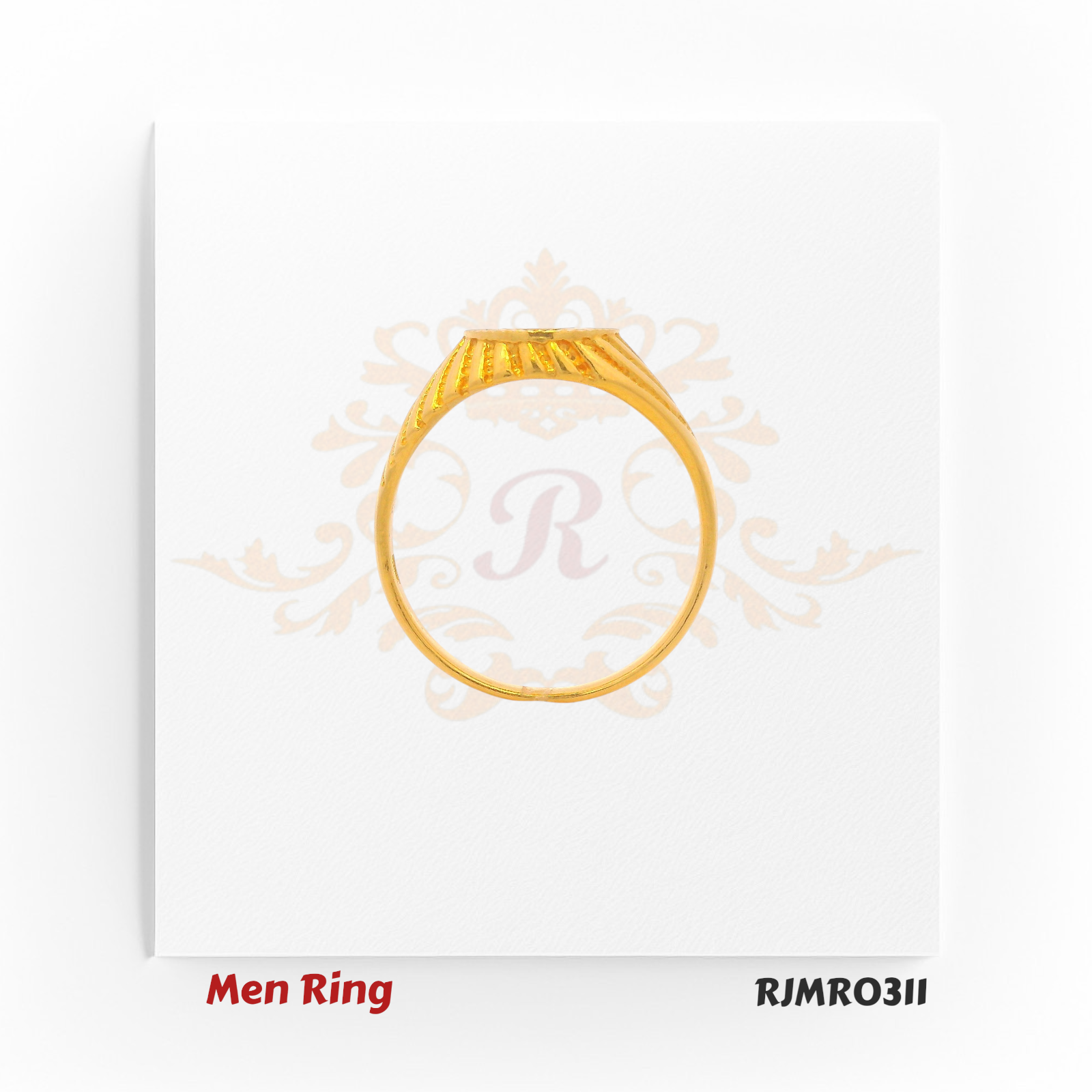 Designer gold men’s ring with a round top featuring an engraved Khanda symbol and fan-like ridges extending down the sides. RJMR0311