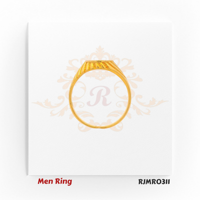 Designer gold men’s ring with a round top featuring an engraved Khanda symbol and fan-like ridges extending down the sides. RJMR0311