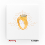 Elegant yellow gold men’s ring with a polished oval white gemstone centerpiece and textured ridged shoulders for a refined classic look. Model RJMR0332.