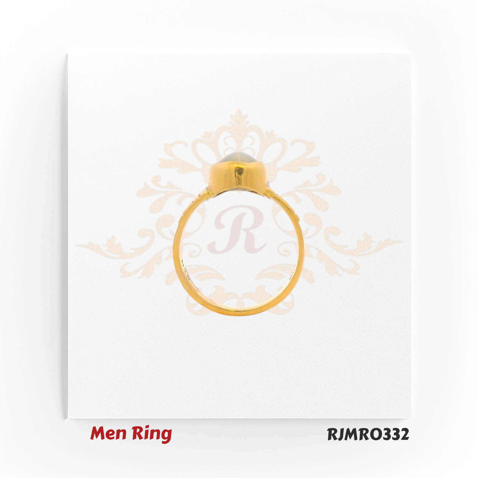 Classic men’s ring in yellow gold featuring a polished oval white gemstone center and ridged band shoulders. RJMR0332