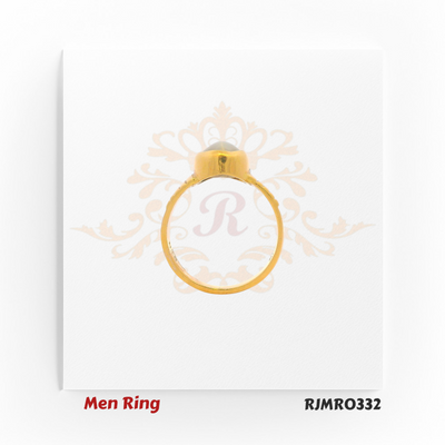 Classic men’s ring in yellow gold featuring a polished oval white gemstone center and ridged band shoulders. RJMR0332