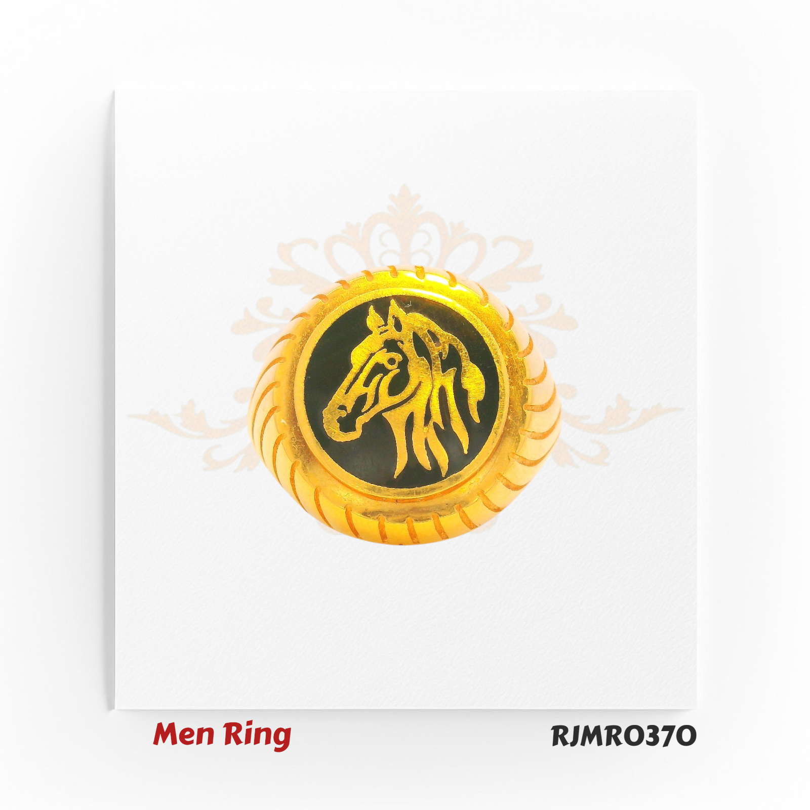 A powerful men’s gold ring featuring an oval black enamel top with a striking gold lion’s face at the center — a symbol of strength and dominance, set on a bold ridged base. Style Code: RJMR0370.