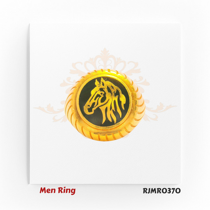 A powerful men’s gold ring featuring an oval black enamel top with a striking gold lion’s face at the center — a symbol of strength and dominance, set on a bold ridged base. Style Code: RJMR0370.