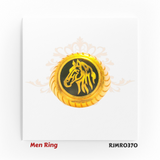 A powerful men’s gold ring featuring an oval black enamel top with a striking gold lion’s face at the center — a symbol of strength and dominance, set on a bold ridged base. Style Code: RJMR0370.