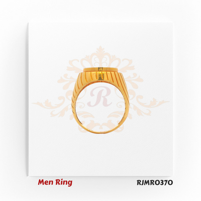  Bold gold men’s ring with a black enamel oval top showcasing a roaring lion face in gold, set on a ridged base. RJMR0370