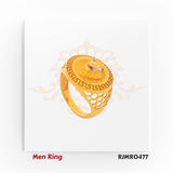 This bold 22kt gold ring for men features a commanding lion face engraving, encircled by a timeless Greek key pattern. The cut-out detailing on the sides adds depth and modern flair to its strong, symbolic look. Style Code: RJMR0477.