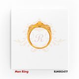 22kt gold men’s ring featuring a detailed lion face engraving in the center, surrounded by a Greek key border and cut-out sides for a bold, regal look. RJMR0477