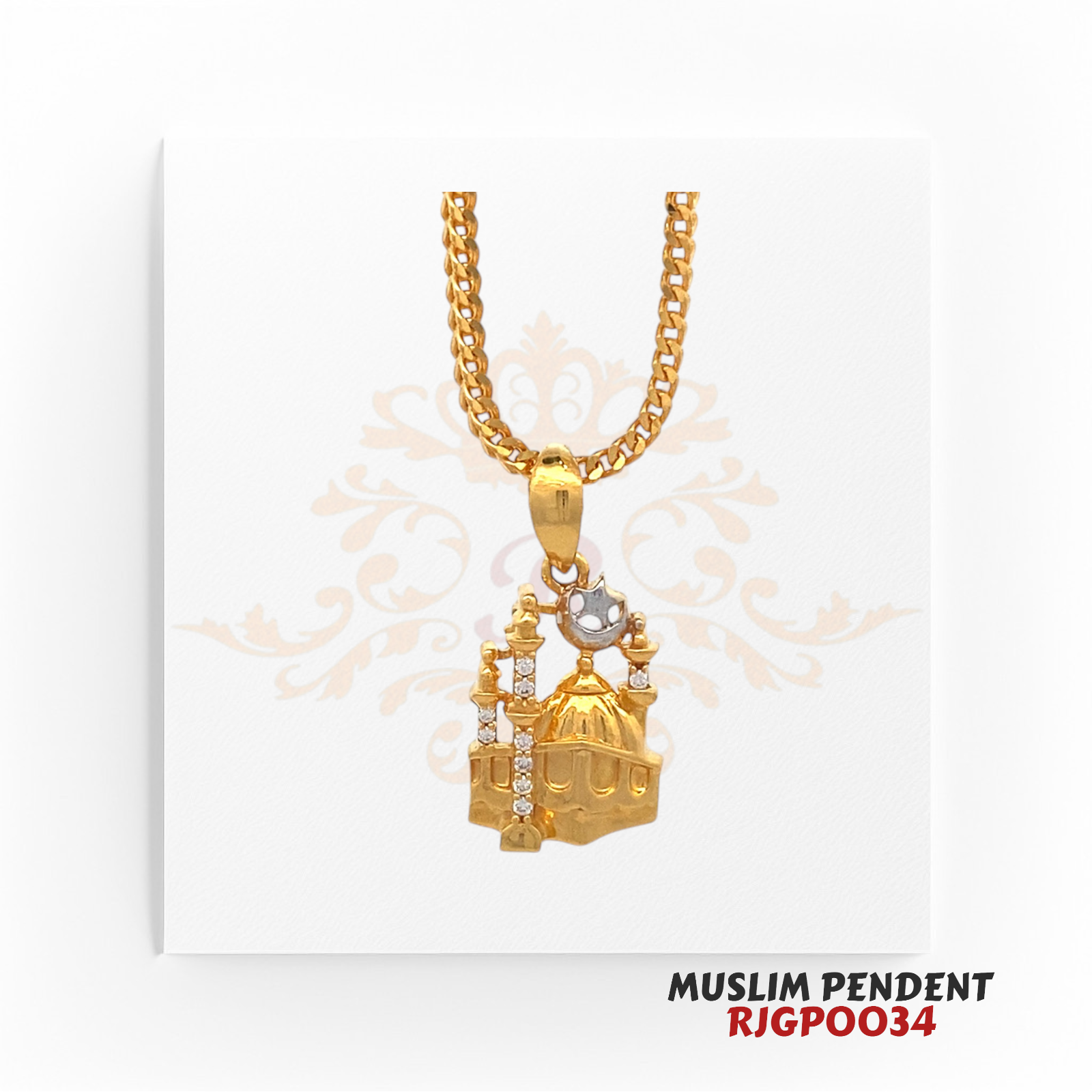 22kt Gold Muslim Pendant RJGPO034 – A finely crafted 22kt yellow gold pendant featuring a mosque-inspired design with cubic zirconia-adorned minarets, a dome structure, and a rhodium-polished crescent moon. Weighs 2.40 grams, measuring 0.60 inches in length and 0.50 inches in width. Perfect for religious devotion, spiritual protection, or as a meaningful Islamic gift. Available at Regal Jewels.