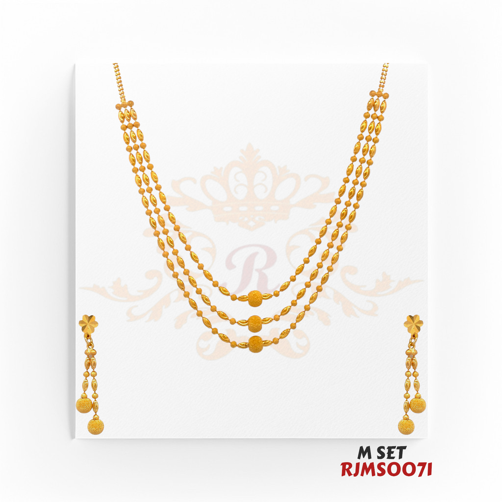 22kt Gold Three-Layer Necklace Set RJMSO071 – A 16.70-gram necklace featuring an elegant beaded chain design with matching dangling earrings, available at Regal Jewels.