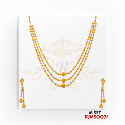 22kt Gold Three-Layer Necklace Set RJMSO071 – A 16.70-gram necklace featuring an elegant beaded chain design with matching dangling earrings, available at Regal Jewels.