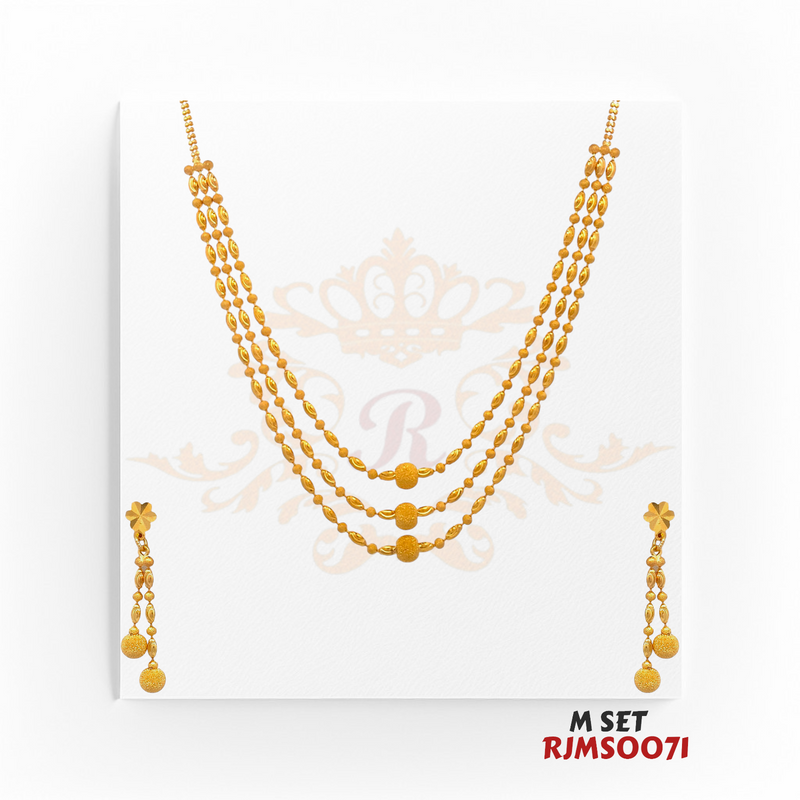 22kt Gold Three-Layer Necklace Set RJMSO071 – A 16.70-gram necklace featuring an elegant beaded chain design with matching dangling earrings, available at Regal Jewels.