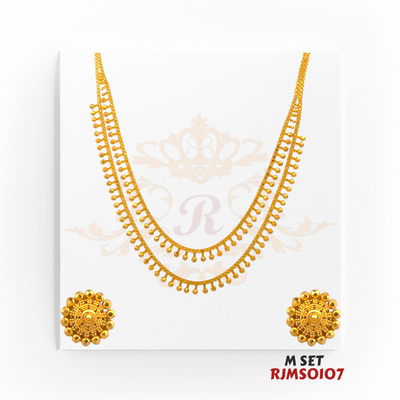 22kt Gold Mala Set RJMS0107 – A 21.50-gram traditional double-layered mala with intricate beadwork and matching stud earrings, available at Regal Jewels.