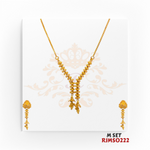 22kt Gold Mala Set RJMSO222 – A 14.60-gram traditional V-shaped beaded mala with gold drop pendants and matching long earrings, available at Regal Jewels.