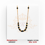 Front view of a sleek gold mangalsutra featuring alternating glossy black beads and textured gold beads arranged in a curved pattern along a fine gold chain. The minimalist design offers a modern touch to traditional elegance. Model RJM3037.