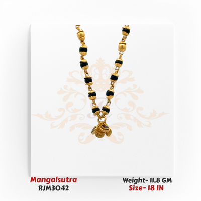 Close-up view of a traditional gold mangalsutra featuring a delicate floral-inspired pendant with smooth curves, suspended from a black-and-gold beaded chain with rounded gold spacers. The design blends simplicity with timeless elegance. Model RJM3042.