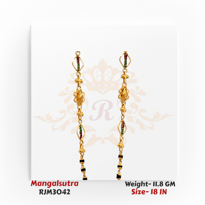 Close-up view of a traditional gold mangalsutra featuring dual symmetrical chain sections adorned with intricate filigree floral motifs and colorful enamel accents in red and green. The design transitions into a black-and-gold beaded lower chain, blending cultural elegance with vibrant detailing. Model RJM3042.