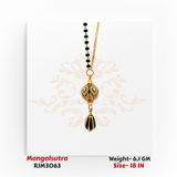 Close-up view of a traditional gold mangalsutra showcasing an ornate spherical pendant with detailed floral engravings, complemented by a teardrop-shaped black-and-gold accent bead. The pendant hangs from a black-and-gold beaded chain, highlighting its intricate craftsmanship. Model RJM3063.