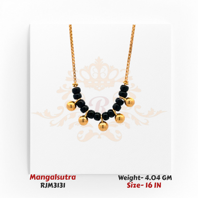 Close-up view of a minimalist gold mangalsutra featuring alternating smooth gold beads and glossy black beads, arranged in a graceful curve along a sleek gold chain. The design exudes simplicity and everyday elegance. Model RJM3131.
