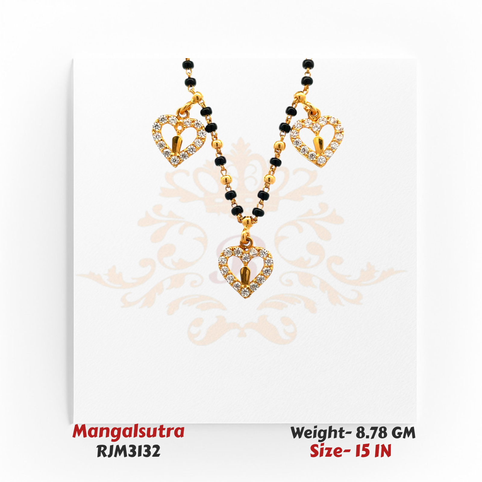 Close-up view of a delicate gold mangalsutra featuring three open heart-shaped pendants outlined with sparkling white stones, suspended from a traditional black-and-gold beaded chain. Model RJM3132.