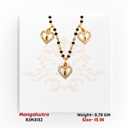 Close-up view of a delicate gold mangalsutra featuring three open heart-shaped pendants outlined with sparkling white stones, suspended from a traditional black-and-gold beaded chain. Model RJM3132.