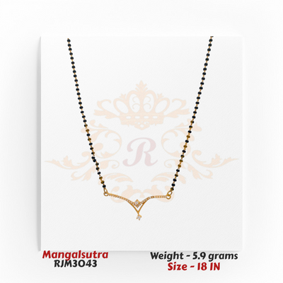 2kt Gold Mangalsutra RJM3043 – A 5.9-gram, 18-inch mangalsutra with a V-shaped cubic zirconia pendant and black bead chain, available at Regal Jewels.