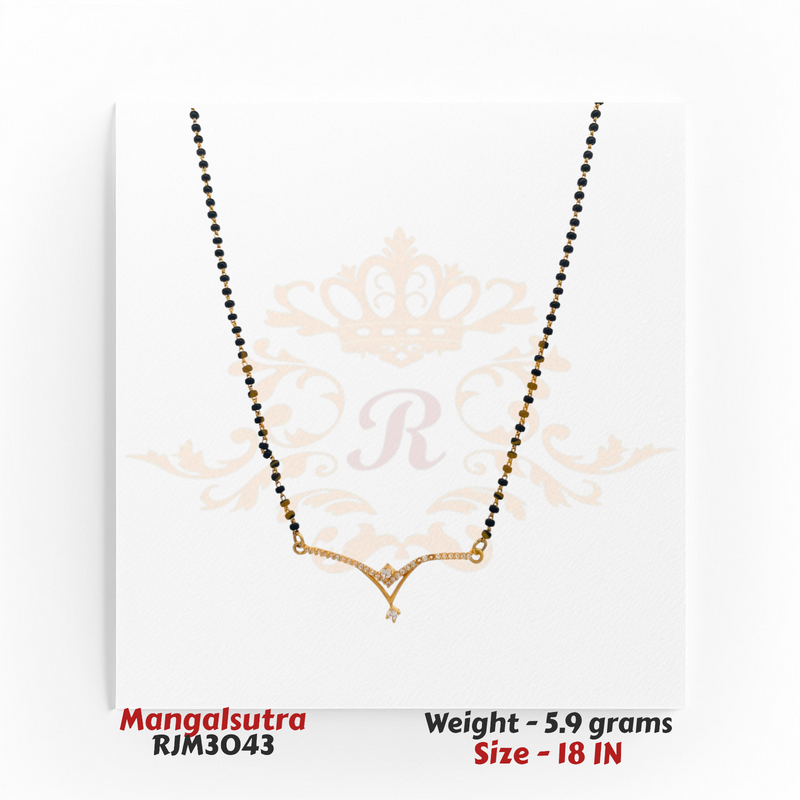 2kt Gold Mangalsutra RJM3043 – A 5.9-gram, 18-inch mangalsutra with a V-shaped cubic zirconia pendant and black bead chain, available at Regal Jewels.