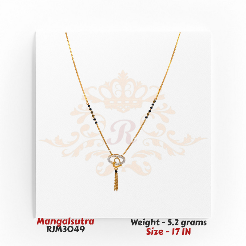 22kt Gold Mangalsutra RJM3049 – A 5.2-gram, 17-inch mangalsutra featuring an oval cubic zirconia pendant with gold tassels and a black bead chain, available at Regal Jewels.