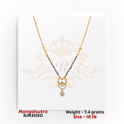 22kt Gold Mangalsutra RJM3050 – A 7.4-gram, 18-inch mangalsutra featuring a heart-shaped pendant with cubic zirconia stones and a black bead chain, available at Regal Jewels.