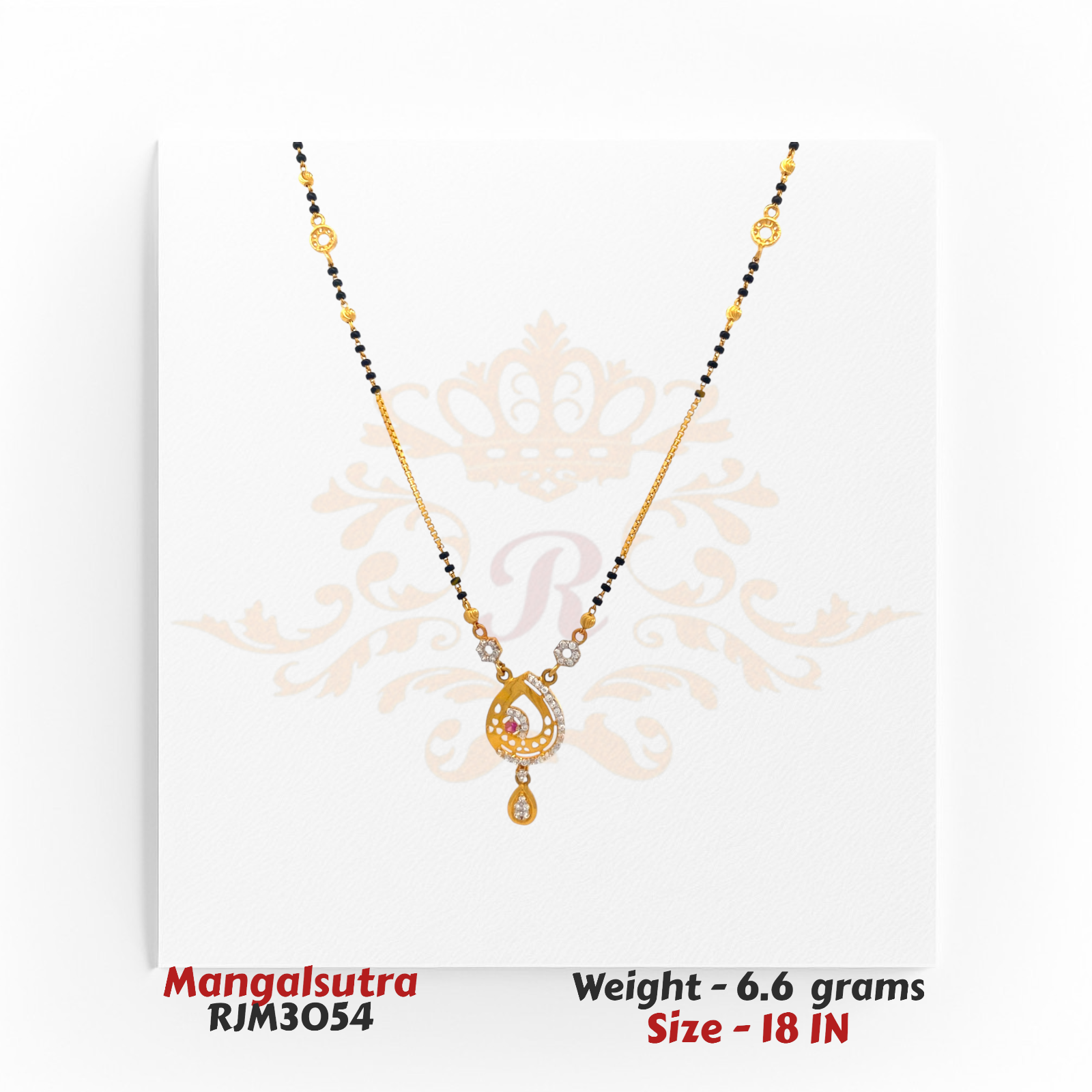 22kt Gold Mangalsutra RJM3054 – A 6.6-gram, 18-inch mangalsutra featuring a peacock-inspired cubic zirconia pendant with a teardrop charm, available at Regal Jewels.