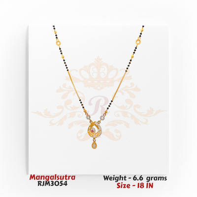 22kt Gold Mangalsutra RJM3054 – A 6.6-gram, 18-inch mangalsutra featuring a peacock-inspired cubic zirconia pendant with a teardrop charm, available at Regal Jewels.