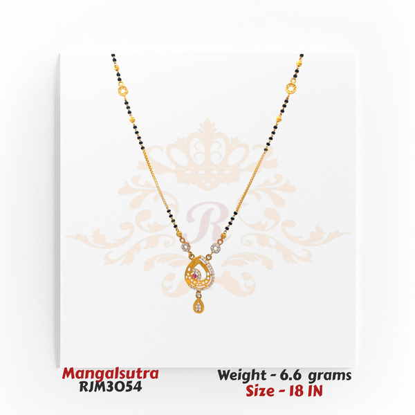 22kt Gold Mangalsutra RJM3054 – A 6.6-gram, 18-inch mangalsutra featuring a peacock-inspired cubic zirconia pendant with a teardrop charm, available at Regal Jewels.