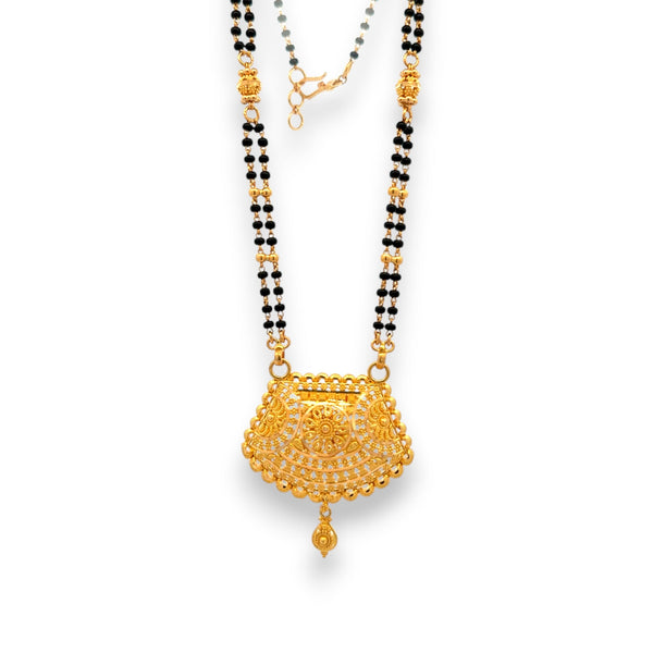 22k Gold Mangalsutra with wide floral filigree pendant and black bead chain – Regal Jewels RJM3137