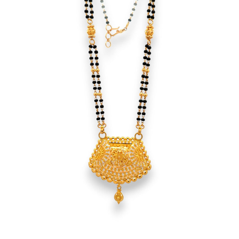 22k Gold Mangalsutra with wide floral filigree pendant and black bead chain – Regal Jewels RJM3137